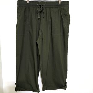 EMILY DANIELS Drawstring Waist Stretchy Comfy Rolled Cuffs Capri L Olive Green